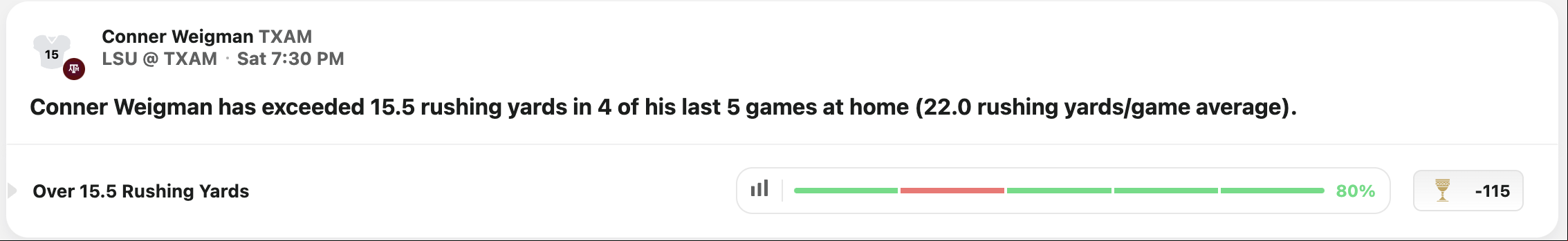 Conner Weigman rushing props for Week 9