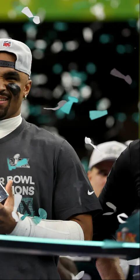 Super Bowl MVP Jalen Hurts and Philadelphia Eagles head coach Nick Sirianni celebrate after winning Super Bowl LIX with a blowout win over the Kansas City Chiefs