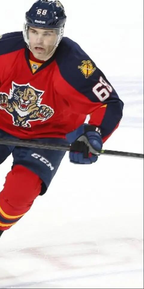 Florida Panthers winger Jaromir Jagr skating through the neutral zone.