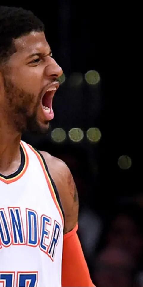 Paul George #13 of the Oklahoma City Thunder celebrates his alley oop dunk during a 107-100 win over the Los Angeles Lakers at Staples Center on January 02, 2019 in Los Angeles, California