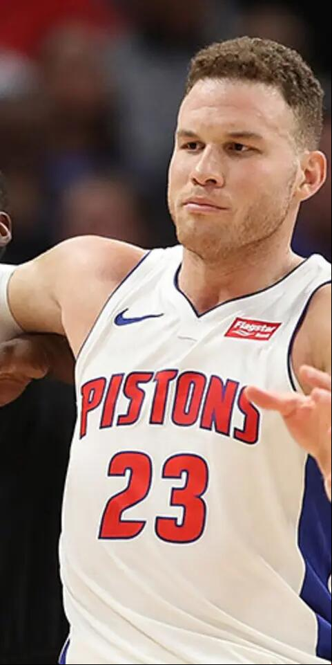 Bam Adebayo #13 of the Miami Heat and Blake Griffin #23 of the Detroit Pistons battle under the basket during the first quarter of the game at Little Caesars Arena on February 3, 2018 in Detroit, Michigan