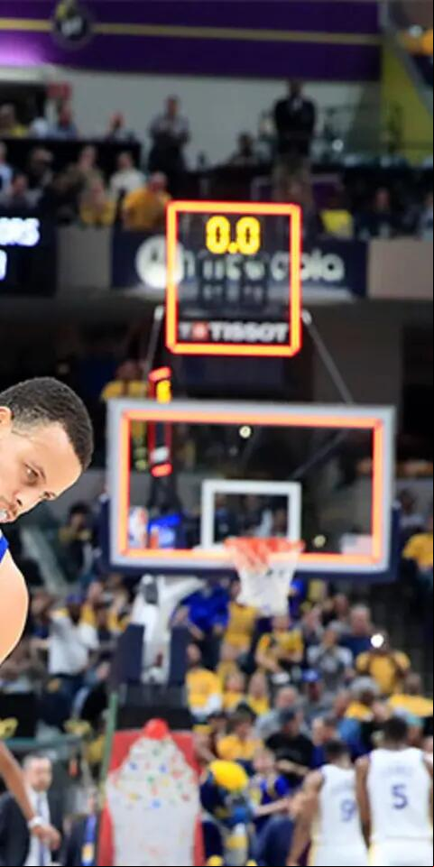 Stephen Curry #30 of the Golden State Warriors celebrates after making a basket to end the first half against the Indiana Pacers at Bankers Life Fieldhouse on January 28, 2019 in Indianapolis, Indiana