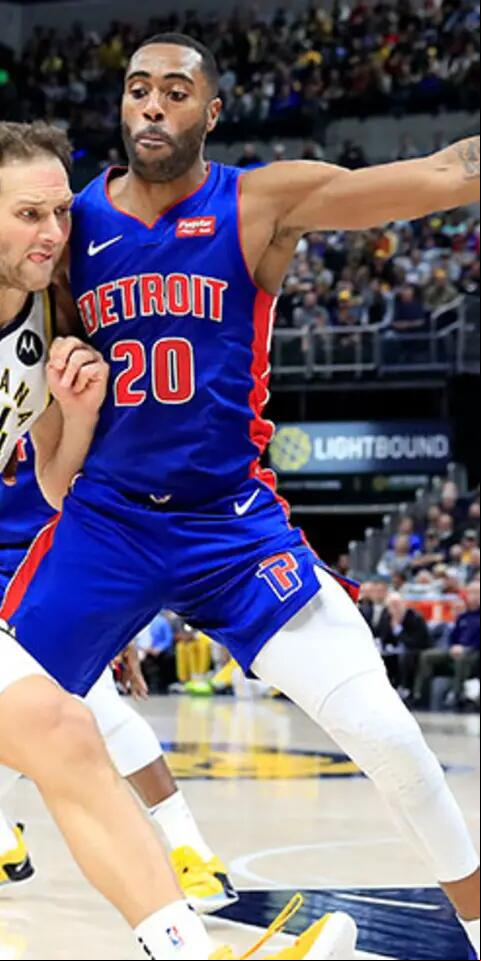 Bojan Bogdanovic #44 of the Indiana Pacers dribbles the ball against the Detroit Pistons at Bankers Life Fieldhouse on April 01, 2019 in Indianapolis, Indiana