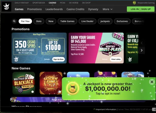 DraftKings Casino Home Screen